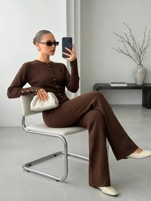 CLARA VERO Women's Elegant Button Front Mock Neck Waist Cinching Knit Cardigan High Waist Wide Leg Pants Two - Brown - View 10
