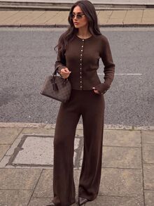 CLARA VERO Women's Elegant Button Front Mock Neck Waist Cinching Knit Cardigan High Waist Wide Leg Pants Two - Brown - View 3