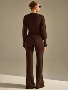 CLARA VERO Women's Elegant Button Front Mock Neck Waist Cinching Knit Cardigan High Waist Wide Leg Pants Two - Brown - View 5
