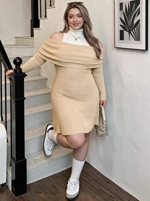 SHEIN MOD Plus Size Autumn/Winter Khaki Color Floral Patchwork 2 In 1 High Neck Knit Dress, Sweet Girl Style Outfit, Daily Outing Wear, Home Wear - Khaki - View 5