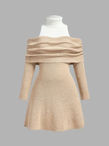 SHEIN MOD Plus Size Autumn/Winter Khaki Color Floral Patchwork 2 In 1 High Neck Knit Dress, Sweet Girl Style Outfit, Daily Outing Wear, Home Wear - Khaki - View 3