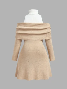 SHEIN MOD Plus Size Autumn/Winter Khaki Color Floral Patchwork 2 In 1 High Neck Knit Dress, Sweet Girl Style Outfit, Daily Outing Wear, Home Wear - Khaki - View 2