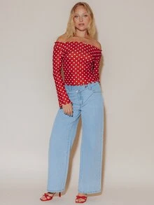 Pimkie Edition Atasan Wanita Motif Polkadot Merah Tanpa Bahu, Pakaian Kasual Sehari-hari - Red and White - View 4