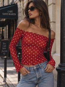 Pimkie Edition Atasan Wanita Motif Polkadot Merah Tanpa Bahu, Pakaian Kasual Sehari-hari - Red and White - View 1