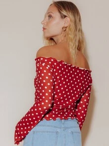 Pimkie Edition Atasan Wanita Motif Polkadot Merah Tanpa Bahu, Pakaian Kasual Sehari-hari - Red and White - View 2