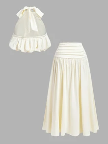 SHEIN MOD Women's Solid Color Halter Neck Top And Ruched Waist Skirt 2 Pieces Set Beach Vacation Vacation Cream White Summer Tropical Elegant European Tropical - Apricot - View 4
