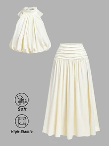 SHEIN MOD Women's Solid Color Halter Neck Top And Ruched Waist Skirt 2 Pieces Set Beach Vacation Vacation Cream White Summer Tropical Elegant European Tropical - Apricot - View 3