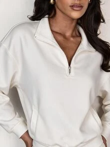 Glamine Solid Color Casual Half-Zip Stand Collar Colorblock Loose Fit Long Sleeve Sporty Sweatshirt - White - View 4