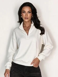 Glamine Solid Color Casual Half-Zip Stand Collar Colorblock Loose Fit Long Sleeve Sporty Sweatshirt - White - View 1