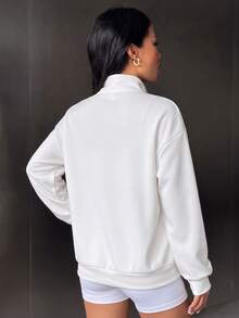 Glamine Solid Color Casual Half-Zip Stand Collar Colorblock Loose Fit Long Sleeve Sporty Sweatshirt - White - View 9