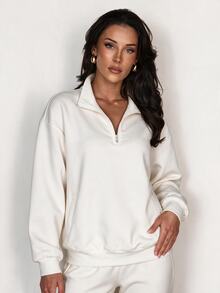 Glamine Solid Color Casual Half-Zip Stand Collar Colorblock Loose Fit Long Sleeve Sporty Sweatshirt - White - View 6
