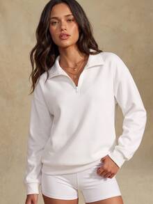 Glamine Solid Color Casual Half-Zip Stand Collar Colorblock Loose Fit Long Sleeve Sporty Sweatshirt - White - View 11