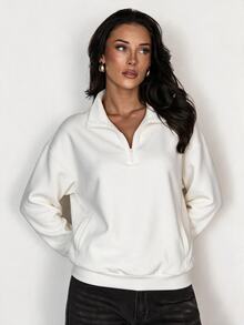 Glamine Solid Color Casual Half-Zip Stand Collar Colorblock Loose Fit Long Sleeve Sporty Sweatshirt - White - View 7