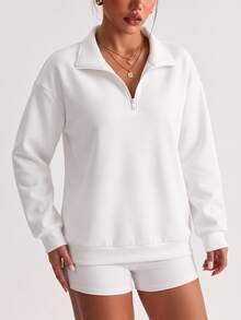 Glamine Solid Color Casual Half-Zip Stand Collar Colorblock Loose Fit Long Sleeve Sporty Sweatshirt - White - View 10