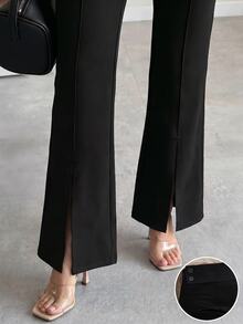 Editum Women's Fashion Versatile Elegant Casual Commute Work Office Business Split Hem Long Pants Black Autumn - Black - View 8
