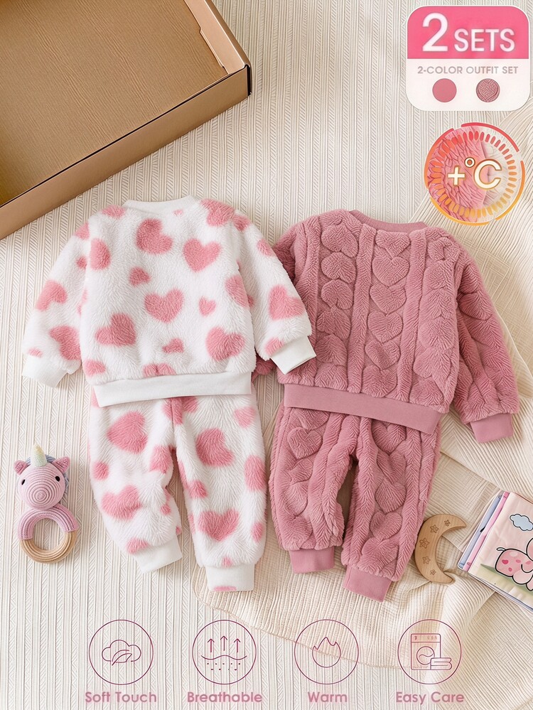 4pcs Toddler Girl Sweatshirt Pants Cute Sweet Pink White 3D Heart Embossed Fuzzy Long Sleeve Round Neck Thick Birthday Party Winter Fall Pullover Set - Dusty Pink - View 2