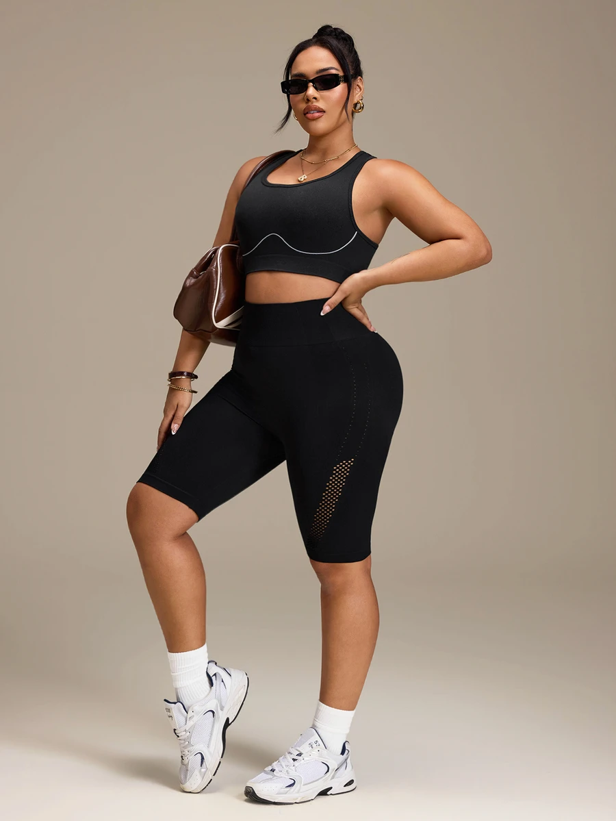 Slayform Women's Plus Size Solid Color Hollow Out Casual Daily Travel Sports Shorts - Black - View 1