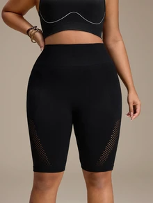 Slayform Women's Plus Size Solid Color Hollow Out Casual Daily Travel Sports Shorts - Black - View 3
