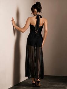 Glamine Black Halter Metal Ring Sheer Mesh Maxi Dress,Flowy See-Through Long Gown,Outfit For Nightclub,Rave Party,Birthday,Cocktail,Night Out,Summer Vacation - Black - View 2