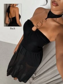 Glamine Black Halter Metal Ring Sheer Mesh Maxi Dress,Flowy See-Through Long Gown,Outfit For Nightclub,Rave Party,Birthday,Cocktail,Night Out,Summer Vacation - Black - View 8