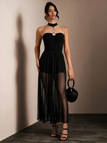Glamine Black Halter Metal Ring Sheer Mesh Maxi Dress,Flowy See-Through Long Gown,Outfit For Nightclub,Rave Party,Birthday,Cocktail,Night Out,Summer Vacation - Black - View 7