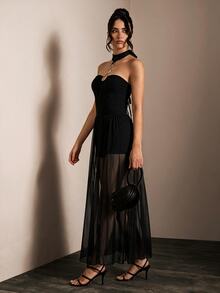 Glamine Black Halter Metal Ring Sheer Mesh Maxi Dress,Flowy See-Through Long Gown,Outfit For Nightclub,Rave Party,Birthday,Cocktail,Night Out,Summer Vacation - Black - View 5