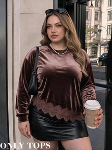 SHEIN MOD Sweatshirt Pullover Beludru Cokelat Retro Ukuran Besar Musim Gugur/Dingin, Desain Hem Asimetris Patchwork Renda Romantis, Pakaian Kasual Minimalis untuk Sehari-hari - Coklat - View 5