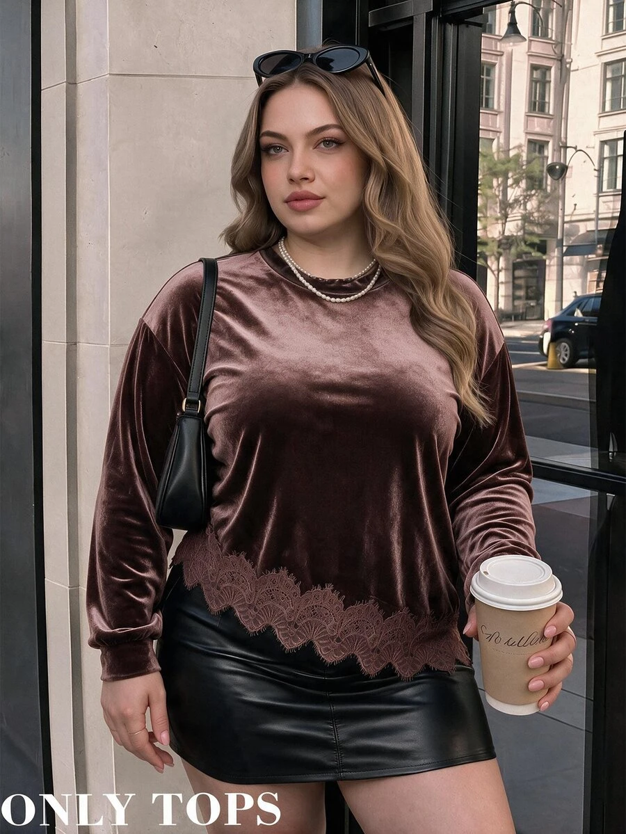 SHEIN MOD Plus Size Autumn/Winter Retro Brown Velvet Pullover Sweatshirt, Romantic Lace Patchwork Asymmetric Hem Design, Casual Minimalist Daily Wear - Brown - View 1