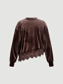 SHEIN MOD Sweatshirt Pullover Beludru Cokelat Retro Ukuran Besar Musim Gugur/Dingin, Desain Hem Asimetris Patchwork Renda Romantis, Pakaian Kasual Minimalis untuk Sehari-hari - Coklat - View 2