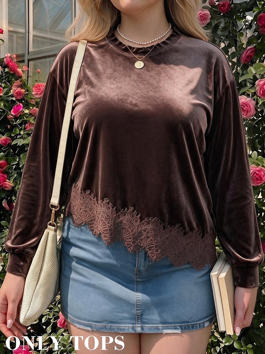 SHEIN MOD Sweatshirt Pullover Beludru Cokelat Retro Ukuran Besar Musim Gugur/Dingin, Desain Hem Asimetris Patchwork Renda Romantis, Pakaian Kasual Minimalis untuk Sehari-hari - Coklat - View 1