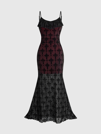 Grunge Punk Robe extra longue sexy pour femmes avec dentelle croisée punk et doublure rouge contrastée