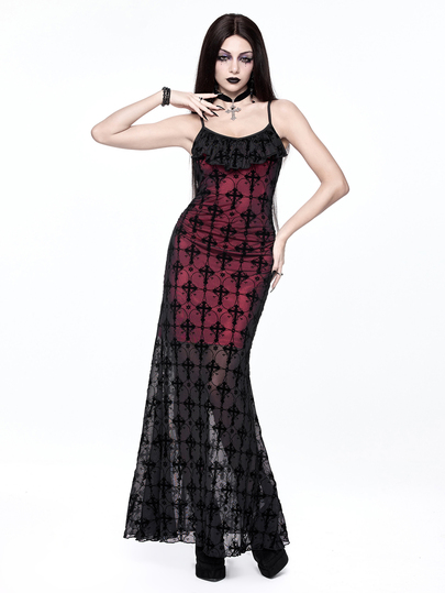 Grunge Punk Punk Cross Lace Contrast Red Lining Sexy Women's Extra Long Dress