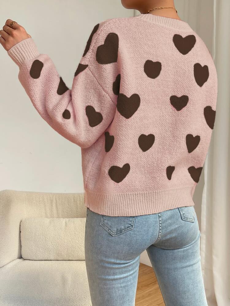 EMERY ROSE Women's Heart Pattern Round Neck Drop Shoulder Long Sleeve Casual Pullover Sweater - Multicolor - View 3