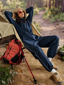 Exploreva Women's Zipper Half-Placket Striped Contrast Color Outdoor Sports One-Piece Long Pants - Navy Blue - View 2