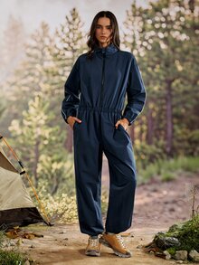 Exploreva Women's Zipper Half-Placket Striped Contrast Color Outdoor Sports One-Piece Long Pants - Navy Blue - View 4