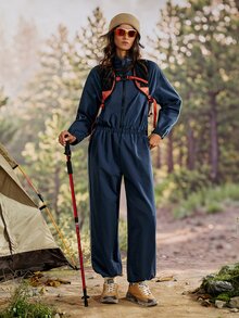 Exploreva Women's Zipper Half-Placket Striped Contrast Color Outdoor Sports One-Piece Long Pants - Navy Blue - View 8
