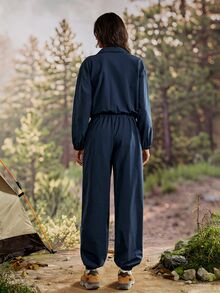 Exploreva Women's Zipper Half-Placket Striped Contrast Color Outdoor Sports One-Piece Long Pants - Navy Blue - View 3