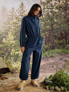 Exploreva Women's Zipper Half-Placket Striped Contrast Color Outdoor Sports One-Piece Long Pants - Navy Blue - View 6