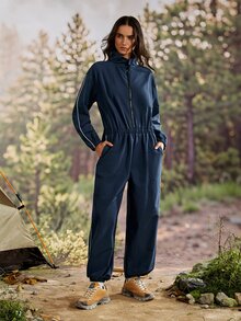 Exploreva Women's Zipper Half-Placket Striped Contrast Color Outdoor Sports One-Piece Long Pants - Navy Blue - View 5