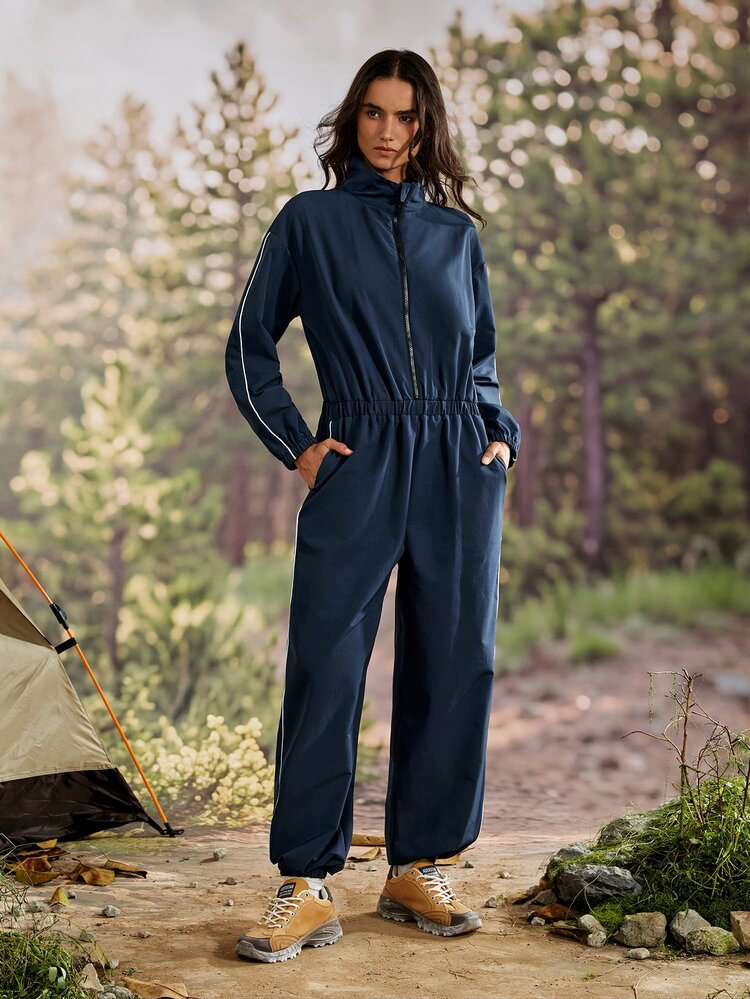 Exploreva Women's Zipper Half-Placket Striped Contrast Color Outdoor Sports One-Piece Long Pants - Navy Blue - View 5