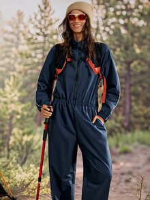 Exploreva Women's Zipper Half-Placket Striped Contrast Color Outdoor Sports One-Piece Long Pants - Navy Blue - View 10