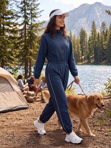 Exploreva Women's Zipper Half-Placket Striped Contrast Color Outdoor Sports One-Piece Long Pants - Navy Blue - View 1