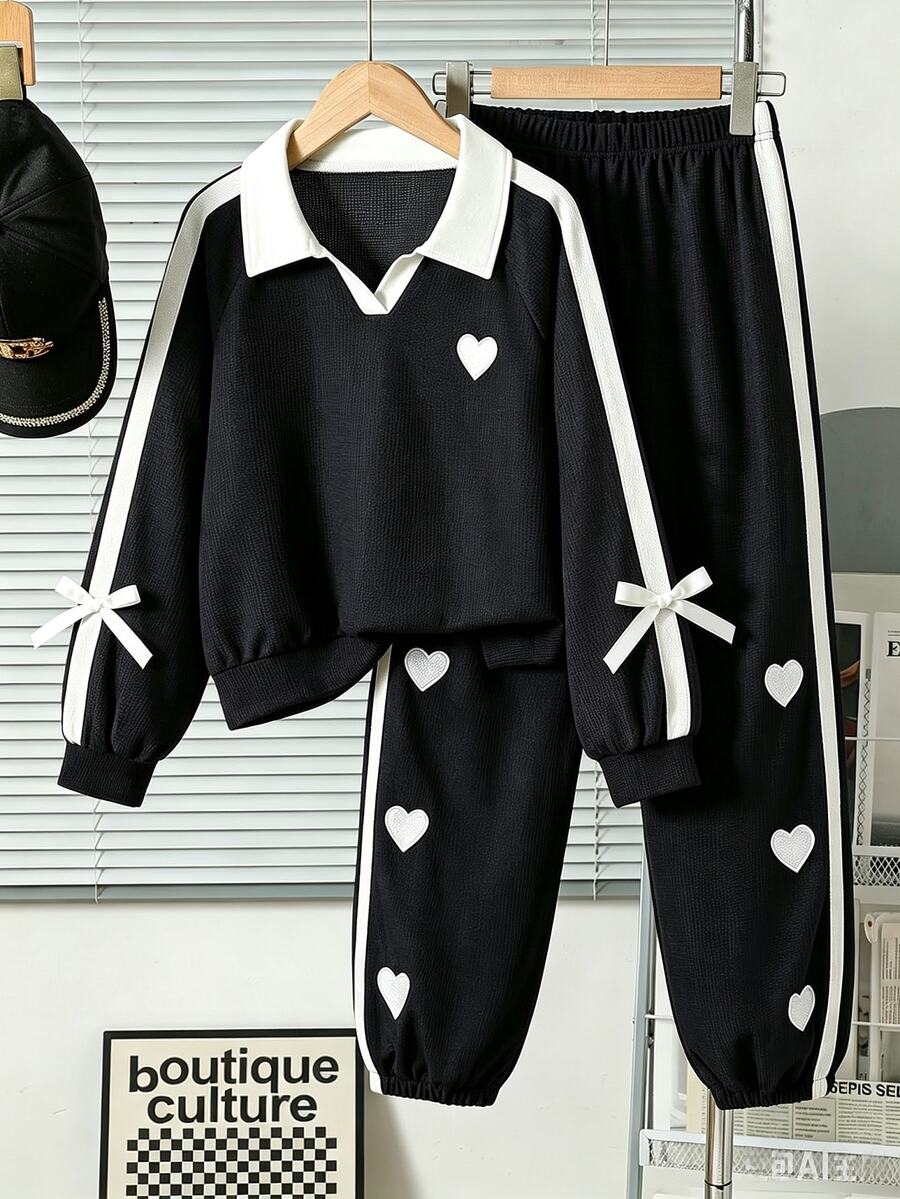 SHEIN Set Jaket Minimalis Kasual Serbaguna untuk Anak Perempuan, Pakaian Musim Gugur, Bordir Huruf Putih di Dada, Pita Putih di Lengan dan Sisi Celana - Navy Blue - View 1