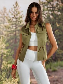 Exploreva Women's Solid Color Utility Pocket Casual Drawstring Waist Outdoor Vest Jacket - Army Green - View 4