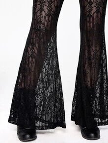 ROMWE Pakaian Halloween Gothic Gelap, Celana Panjang Wanita Model Flare Berenda Transparan untuk Gereja dan Kastil - Hitam - View 6