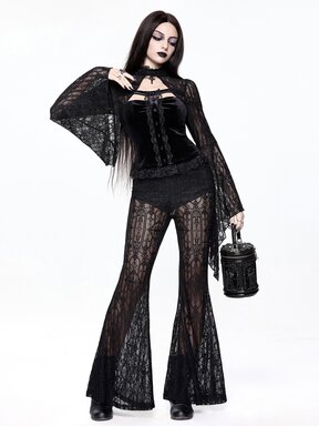 Goth Pantalones acampanados de encaje transparente para mujer, estilo gótico oscuro de Halloween, iglesia y castillo