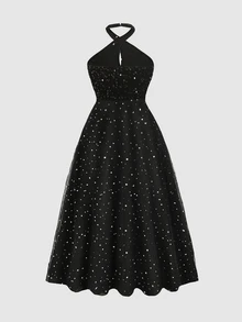 SHEIN 青少年女孩針織黑色拼接3D花卉素色優雅掛脖長洋裝，婚禮花童正式禮服 - 黑色 - 查看 4