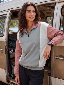 Exploreva Women's Outdoor Contrast Color Zipper Half Placket Long Sleeve Regular Jacket - Coral Pink - View 1