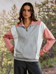 Exploreva Women's Outdoor Contrast Color Zipper Half Placket Long Sleeve Regular Jacket - Coral Pink - View 4