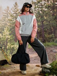 Exploreva Women's Outdoor Contrast Color Zipper Half Placket Long Sleeve Regular Jacket - Coral Pink - View 2